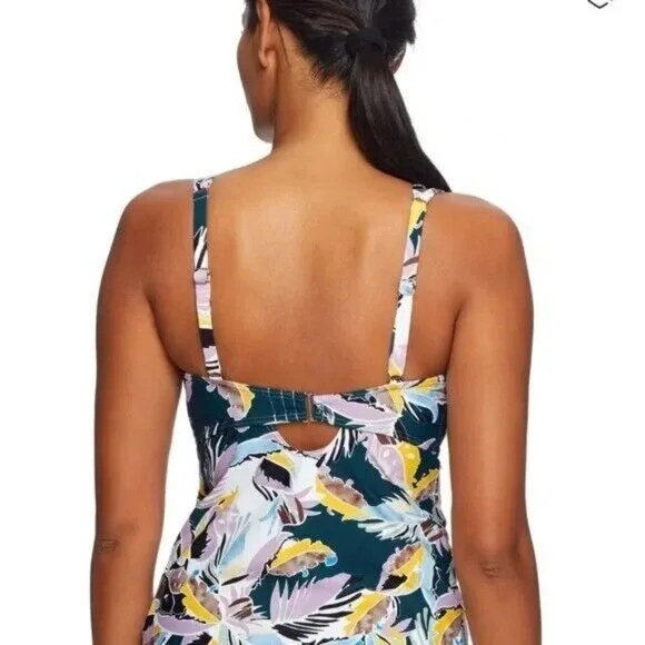 Birdsong Size 32I Bare Necessities Palm Print Underwire Wrap Tankini Swim Top - Picture 2 of 14